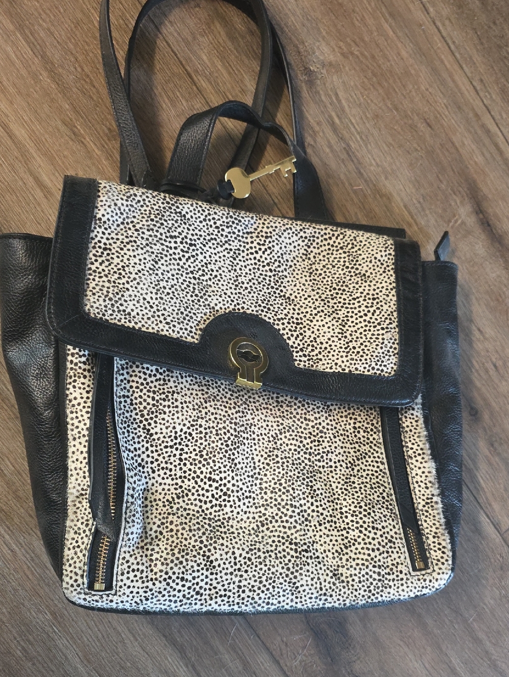 Fossil Amelia White Cheetah Black Leather Backpack Shoulder Bag